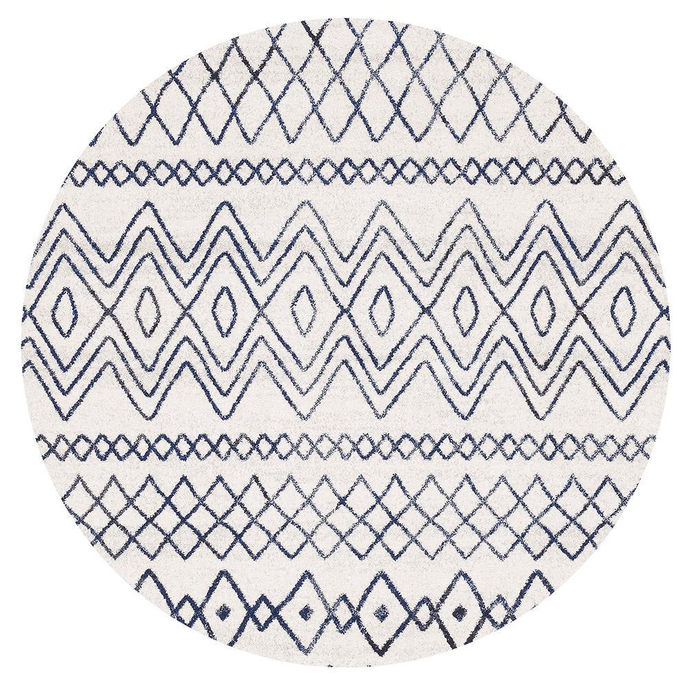 Oasis Nadia White Blue Rustic Tribal Round Rug